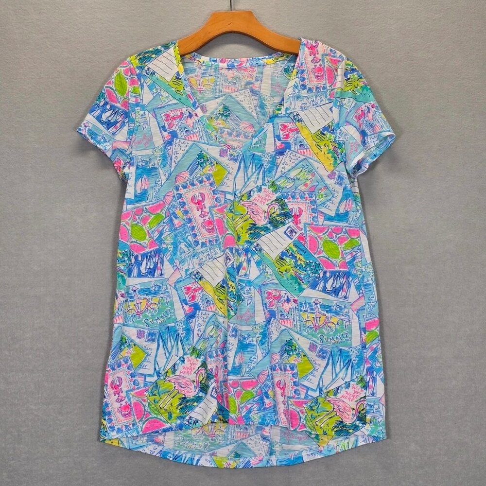 Lilly Pulitzer Etta V-Neck Tee Shirt Wish You Were Here Size Small